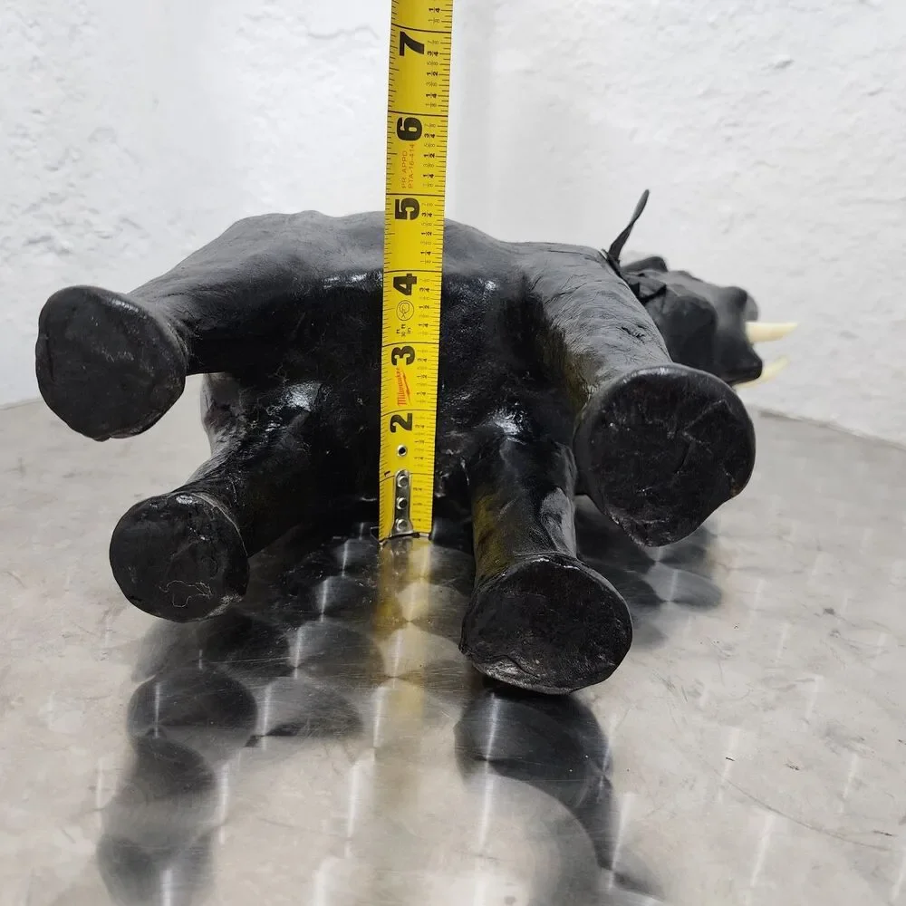 Vtg Black Leather Wrapped Elephant Statue Figurine Trunk Up MCM Safari Decor 11